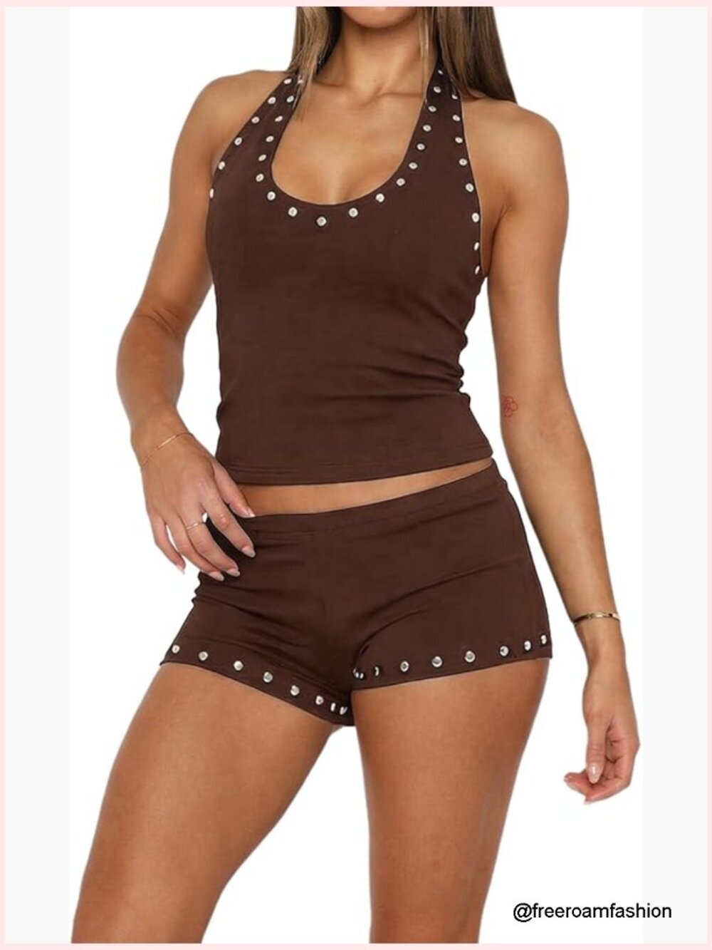 Studded Halter Crop Top & Short Set Vacation Going Out Club Outfits